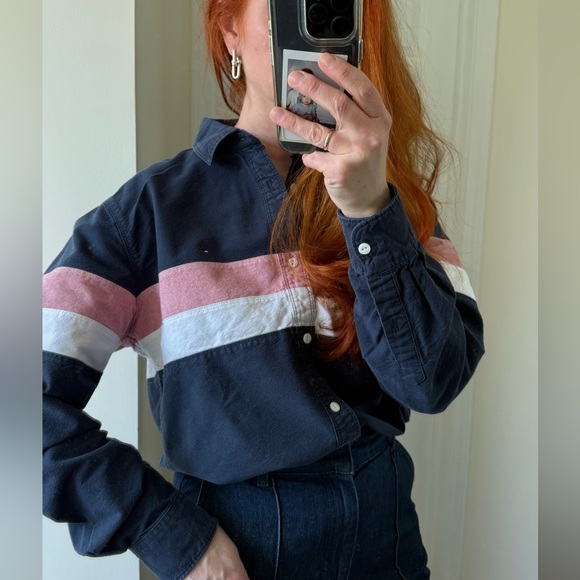 Tommy Hilfiger Oversized whiteblue pink Button down boyfriend shirt men’s size L - Picture 5 of 10